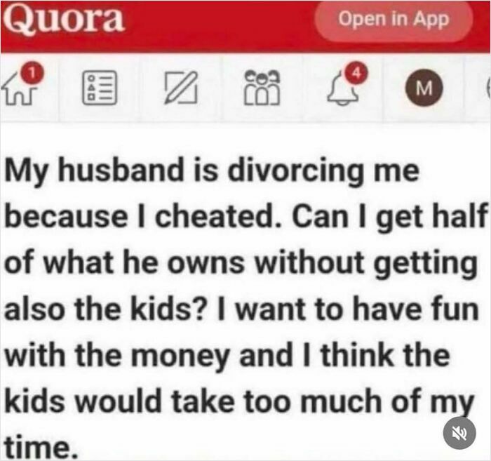 Quora post about divorce and property without kids request