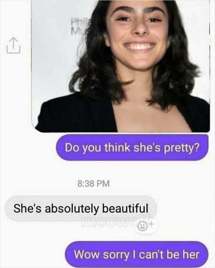 Text conversation asking if girl is pretty with humorous reply