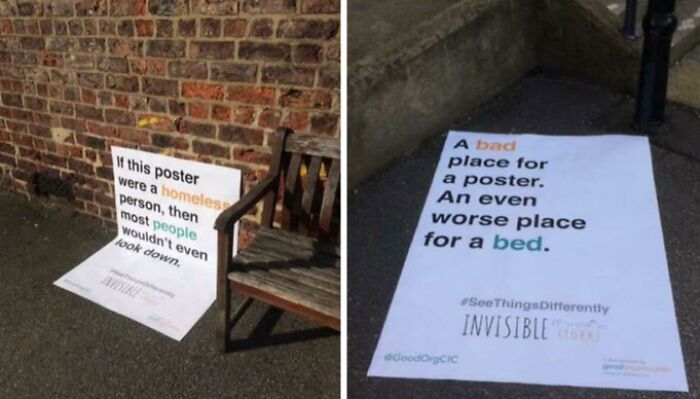 Creative homeless awareness poster design with sidewalk corners and bench