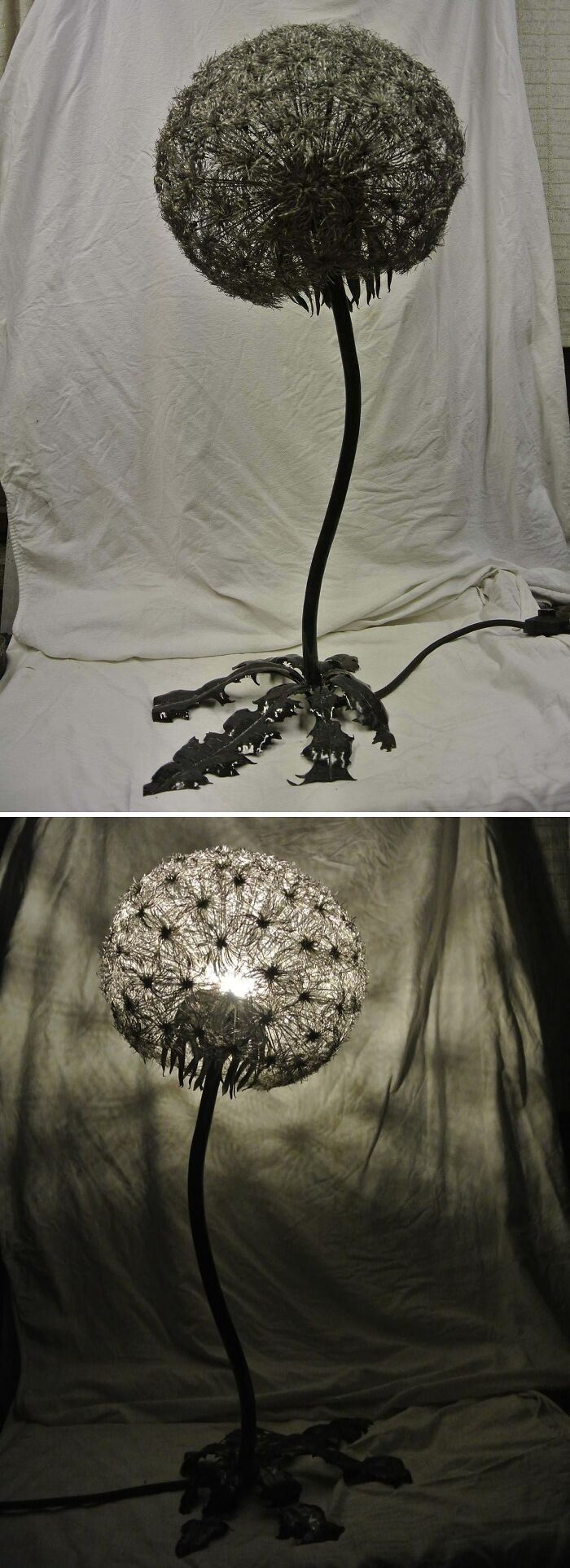 Metal sculpture of a dandelion flower made with artistic metalwork