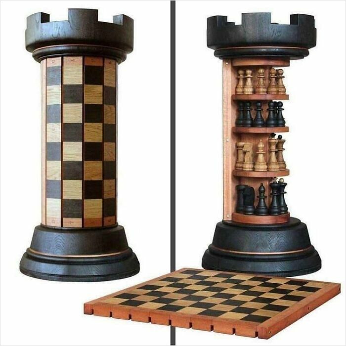 Chess rook designed as a storage cabinet with hidden chess pieces and board