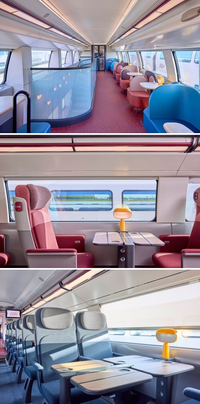Modern train interior with colorful round seats in blue, pink, and brown