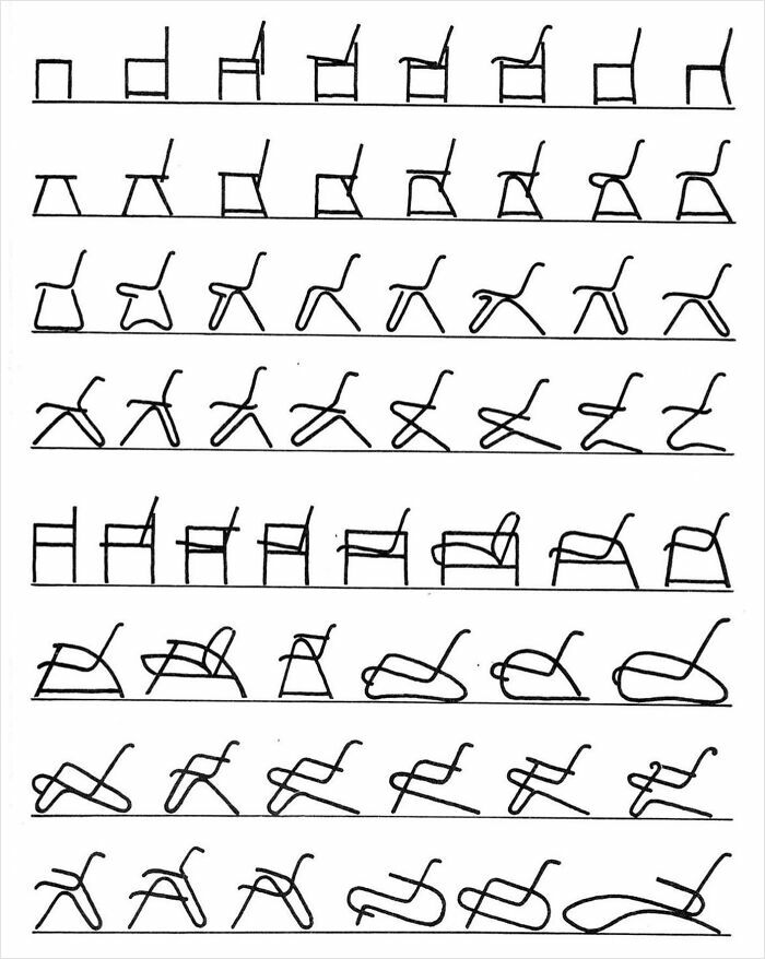 Hand-drawn chair design sketches showing evolution of creative design concepts
