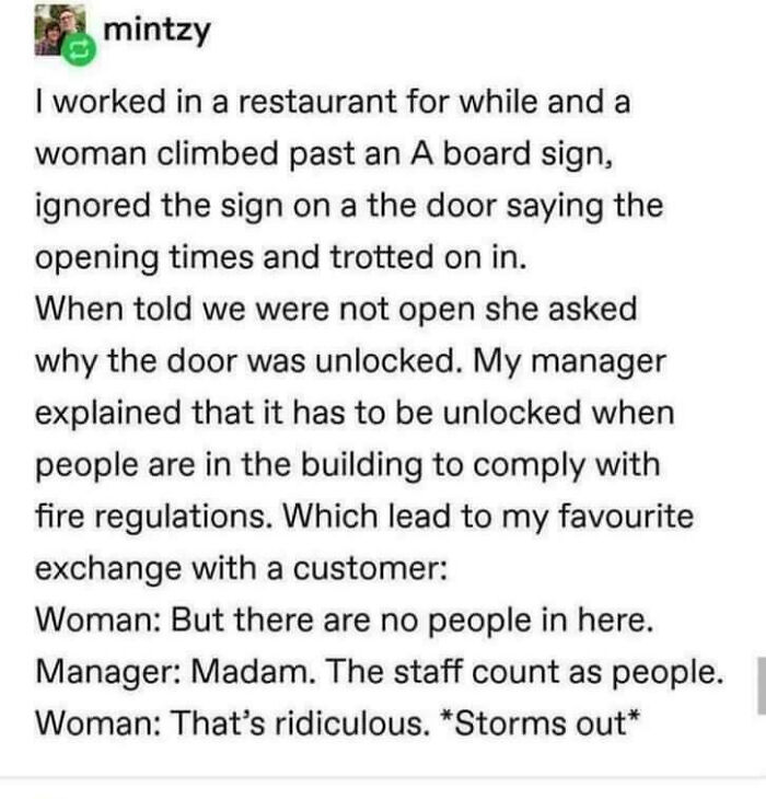 Text story about restaurant customer ignoring signs and fire regulations