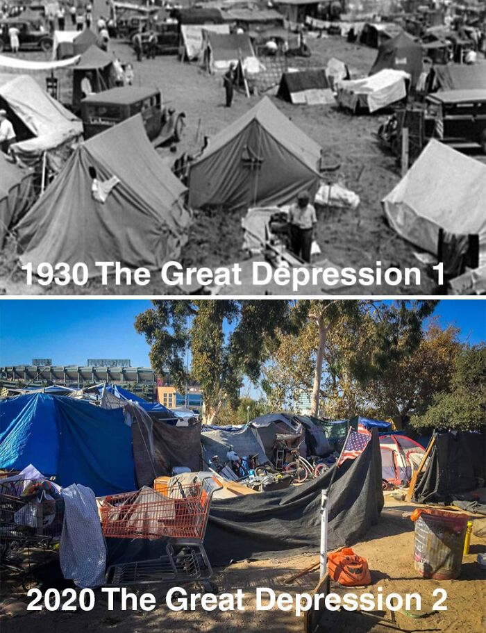 Comparison of Great Depression tent camps in 1930 and 2020