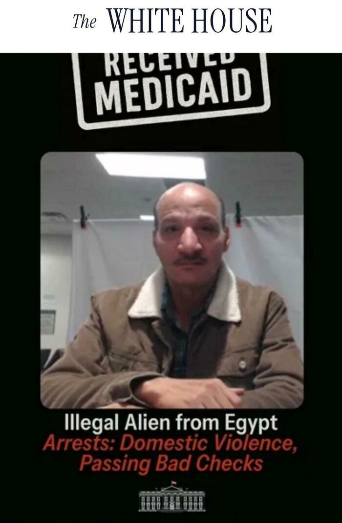 Man labeled illegal alien with arrests caption, dystopia theme