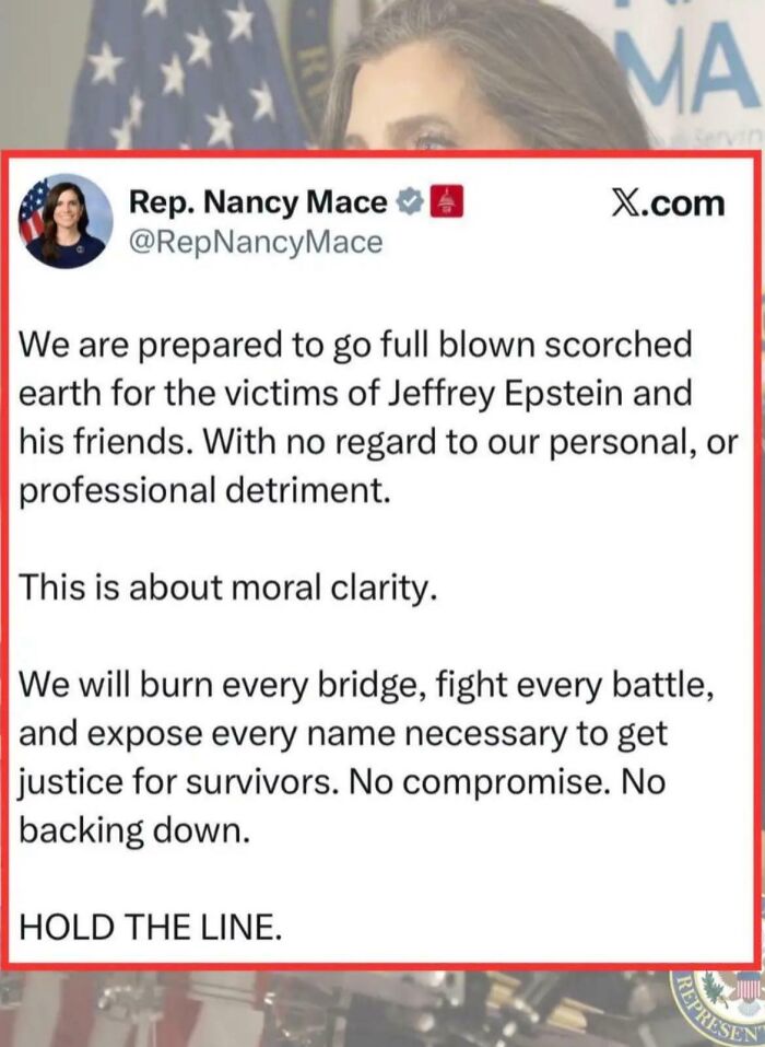 Rep Nancy Mace tweet on moral clarity and justice for Epstein victims