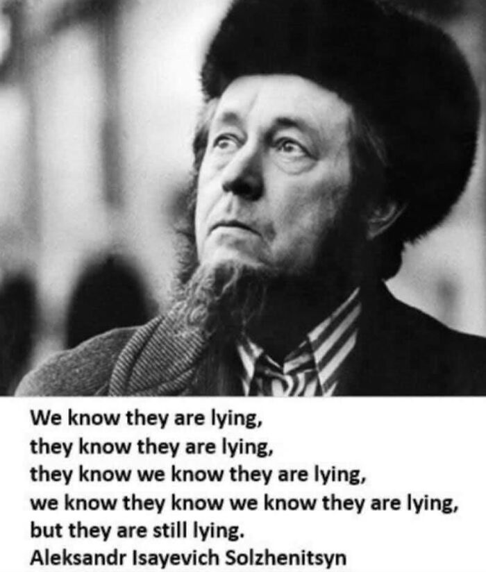 Black and white photo with quote about lying by Aleksandr Isayevich Solzhenitsyn