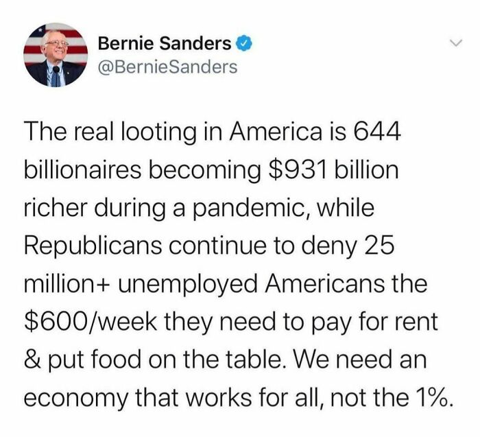 Bernie Sanders tweet on wealth inequality and unemployment during a pandemic