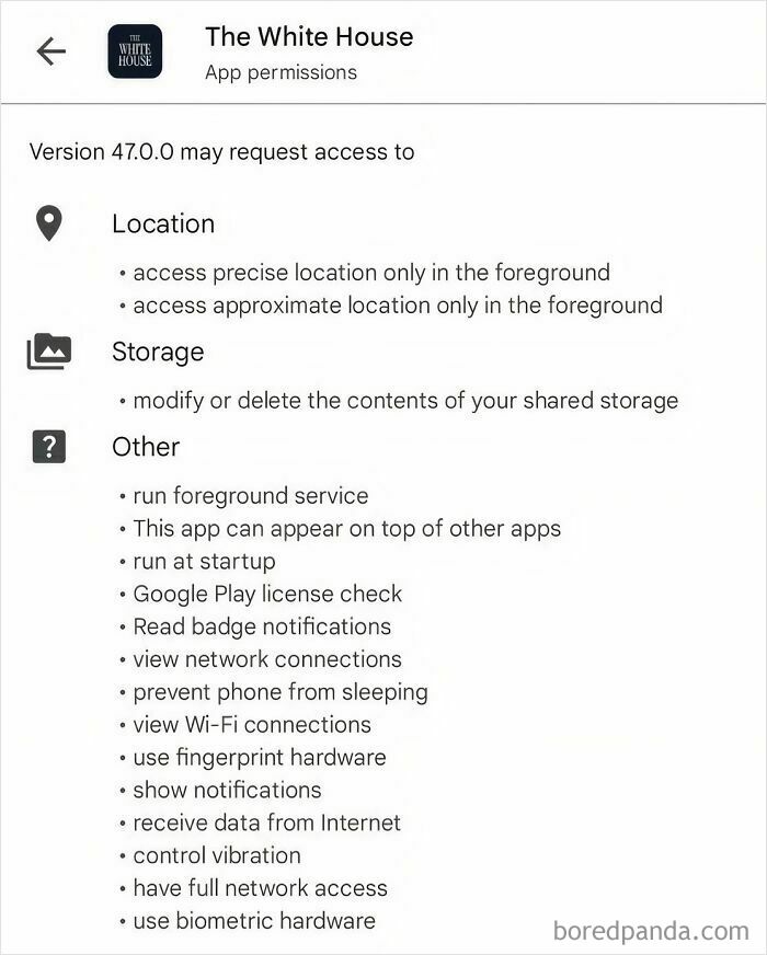 Screenshot of White House app permissions including location and storage access