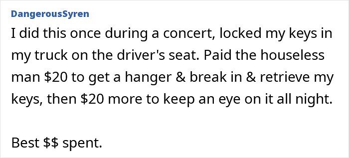 Person pays homeless man to retrieve keys from locked truck during concert