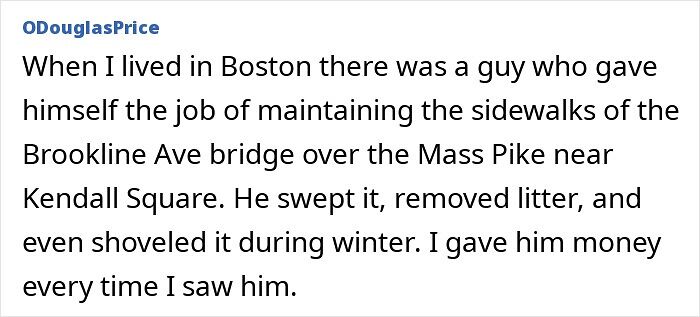 Homeless man maintaining sidewalks in Boston shows kindness and care in community