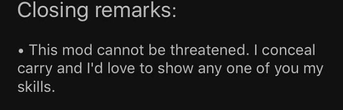 Text screenshot about concealing carry and challenging others showing tough attitude