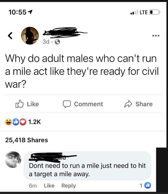 Social media post mocking men acting tough but can't run a mile civil war humor