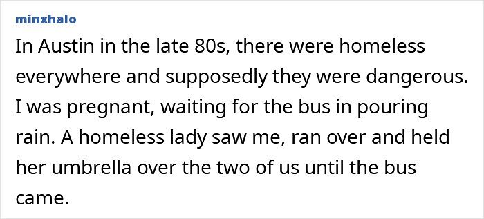 Pregnant woman cared for by homeless lady with umbrella in rain in Austin