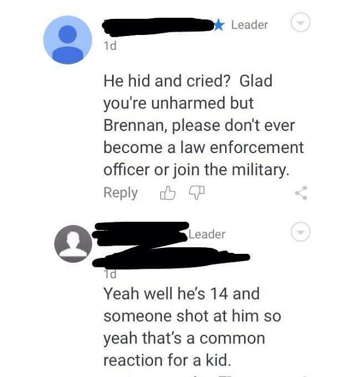 Comments discussing a 14-year-old hiding and reacting to being shot at