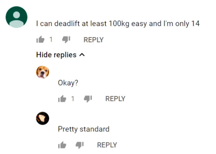 Comment thread about deadlifting 100kg at age 14