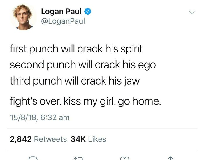 Logan Paul tweet about breaking someone's spirit, ego, and jaw with punches
