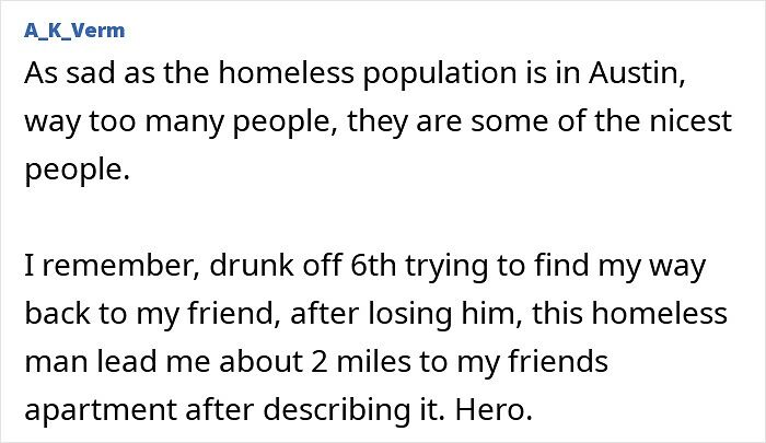 Kind homeless man helps lost person find friend's apartment in Austin