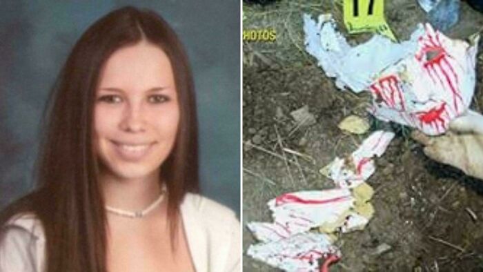 Side-by-side photo of a smiling young woman and bloodied torn doll horror story