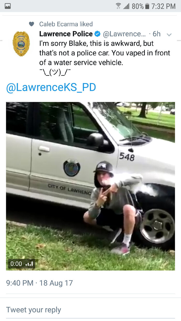 Funny post about vaping in front of a water service vehicle, not a police car