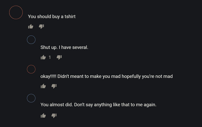 Online comment thread with aggressive replies about buying a t-shirt