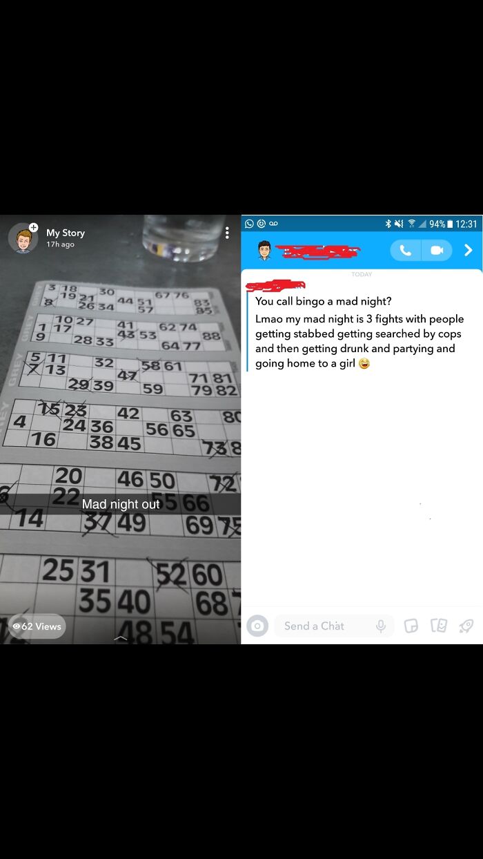 Chat message boasting about a mad night with fights and police involvement