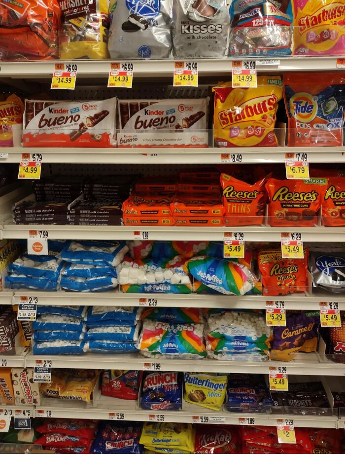 Store shelves filled with candy and snacks including hidden details