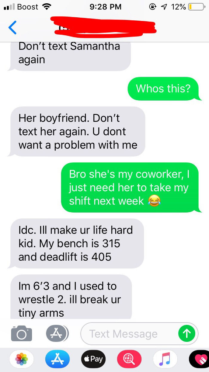 Text exchange with boyfriend acting tough about gym lifts and wrestling experience