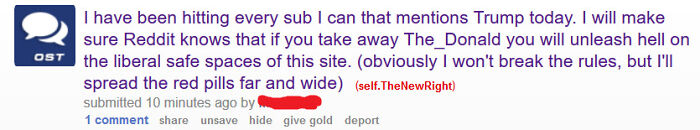 Reddit post about aggressive political comments related to Trump and online spaces