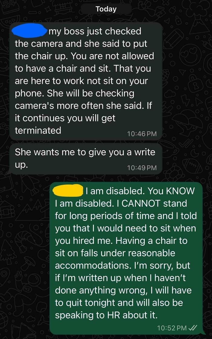 Text conversation where boss denies disabled employee reasonable accommodation to sit at work