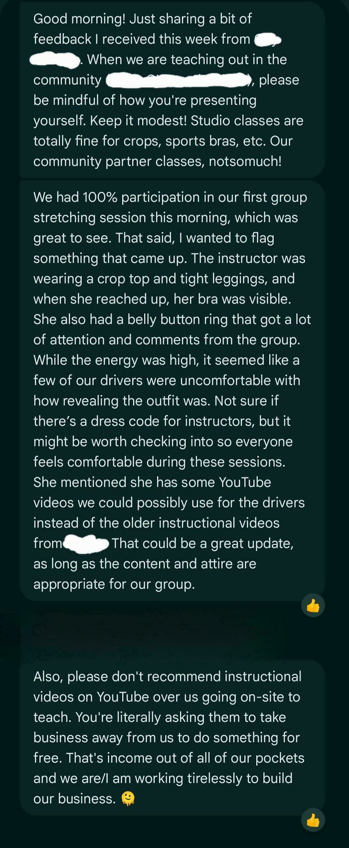 Message sharing feedback on professional attire and teaching standards in workplace