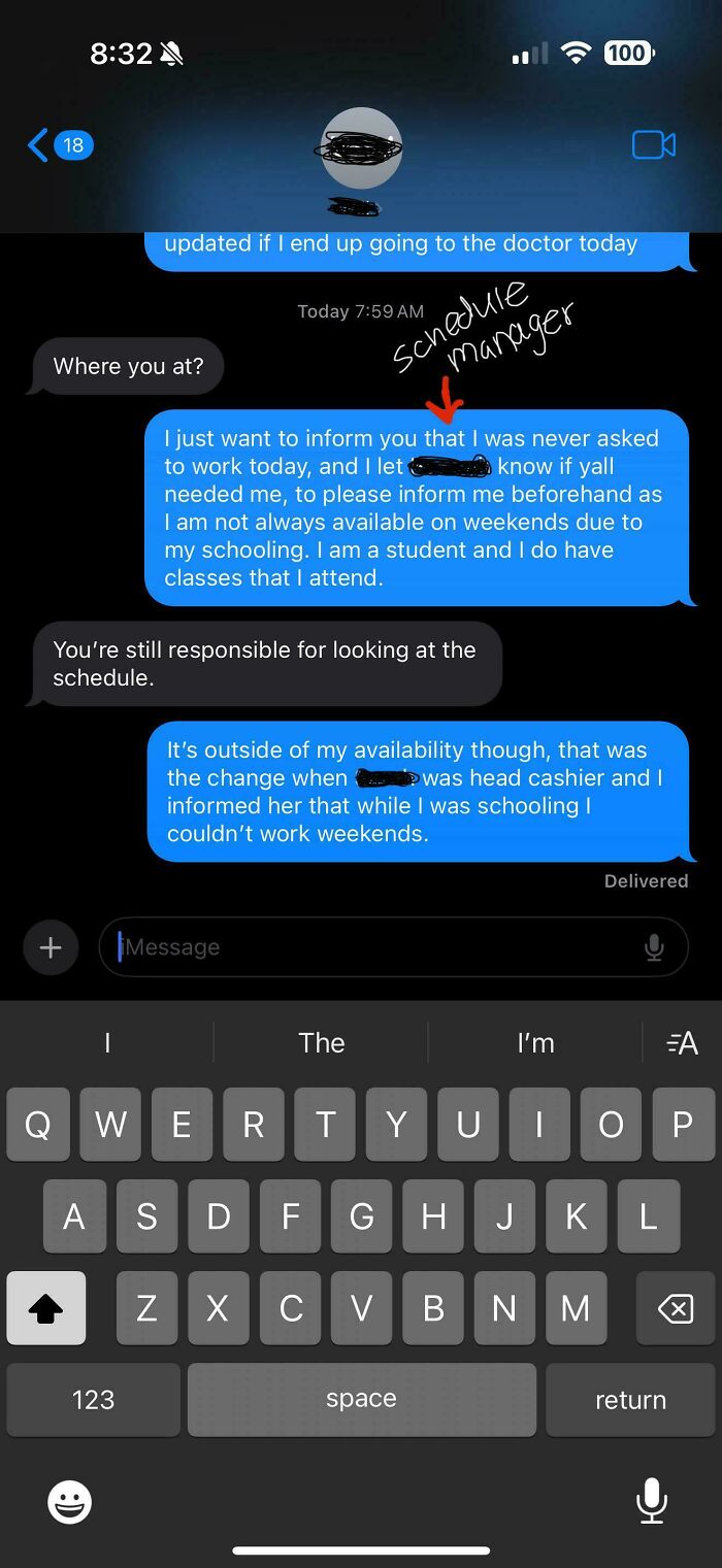 Text message exchange about work schedule and availability conflicts