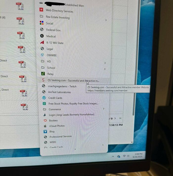 Computer screen showing website bookmarks including workplace related directories