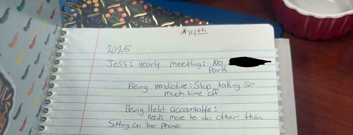 Handwritten employee yearly meeting notes critiquing behavior and accountability