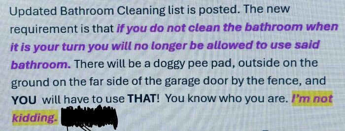 Workplace cleaning rules with warning about bathroom use consequences