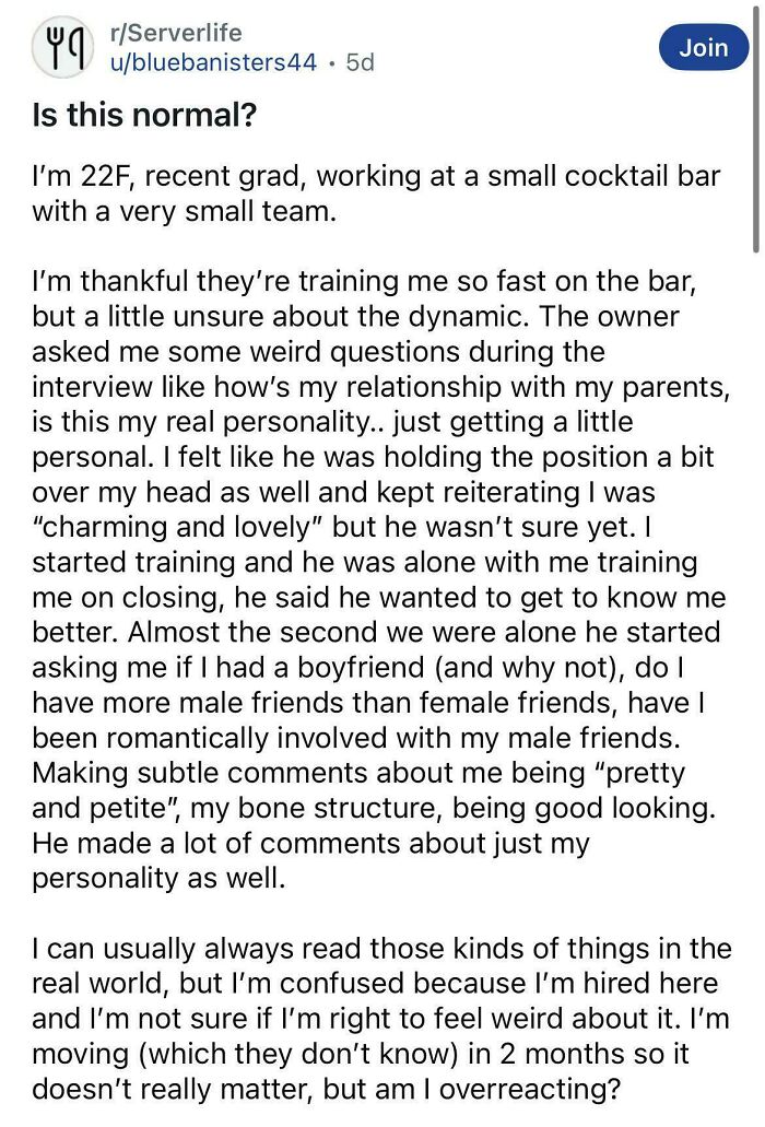 Reddit post about a young woman's awkward experience with a bar owner's inappropriate questions