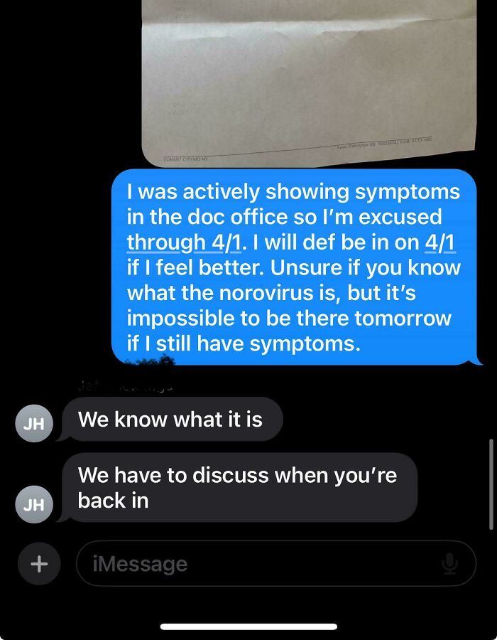 Text conversation about norovirus symptoms and work absence confirmation
