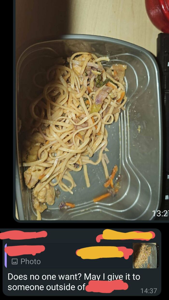 Photo of leftover noodles with message offering food to others