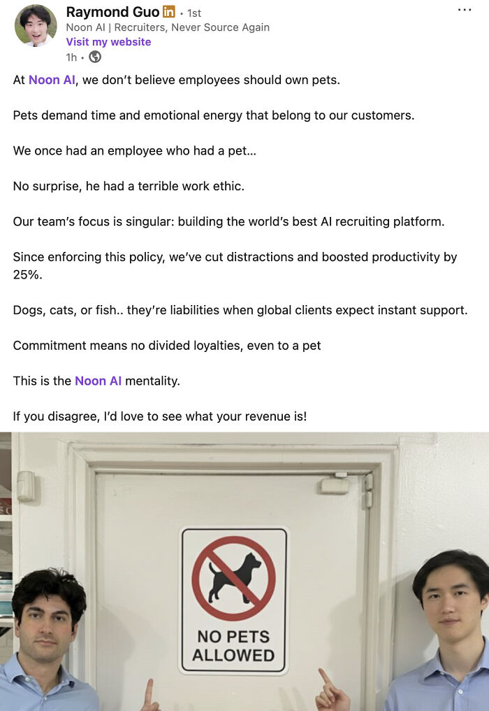 Post about no pets allowed policy impacting productivity at work