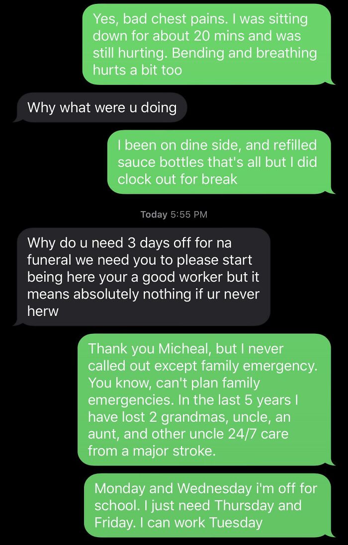 Text discussing need for 3 days off for a funeral with employer