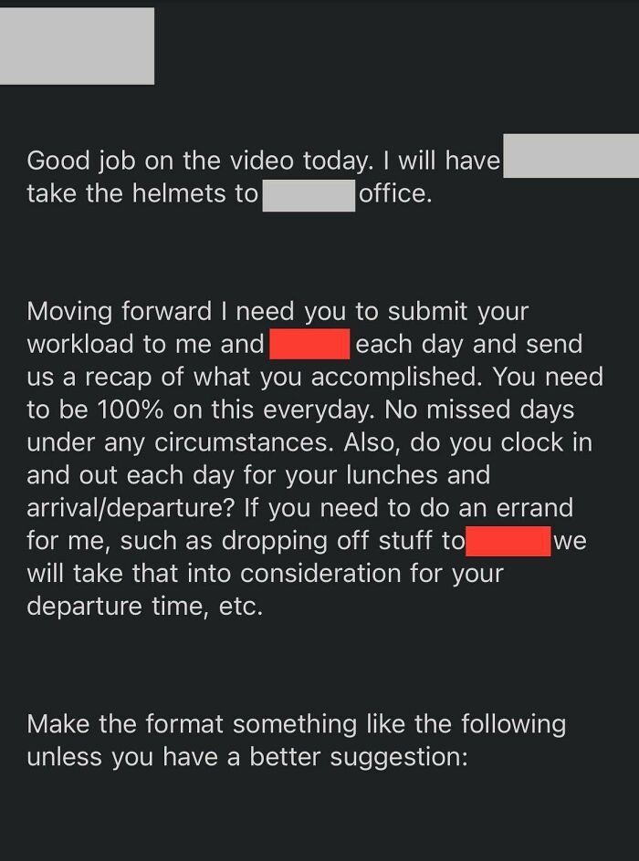 Work message demanding 100% daily workload update and clocking rules