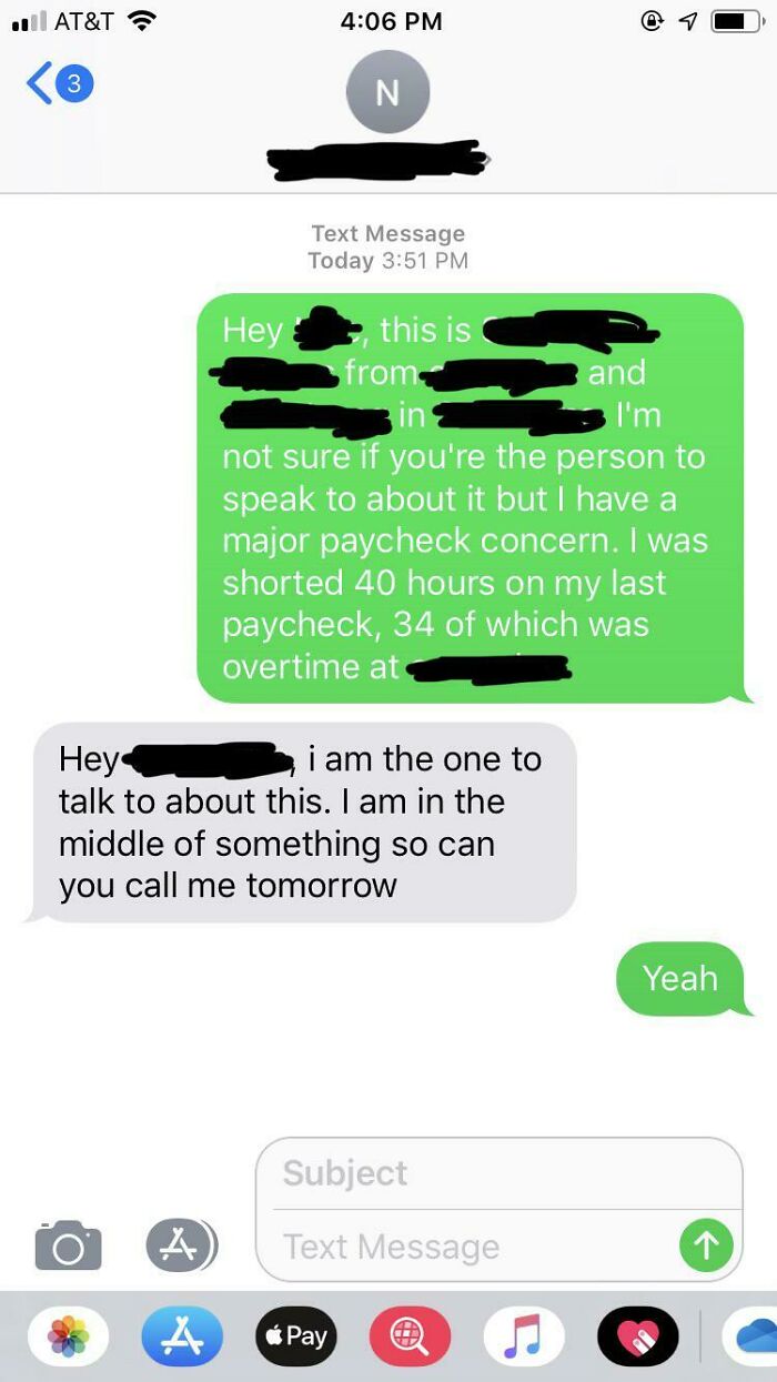 Text exchange about paycheck concern and delayed response from boss