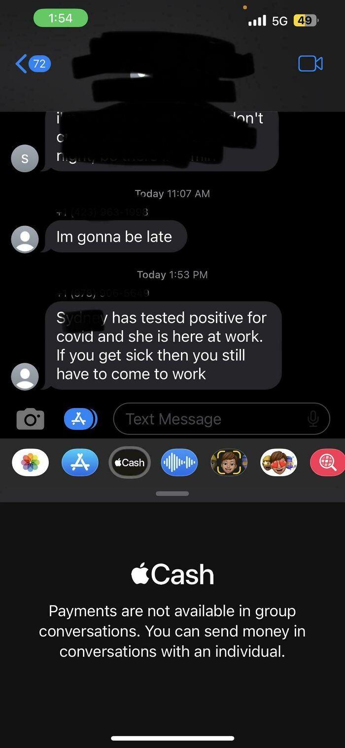 Text messages showing boss ignoring COVID positive employee safety concerns
