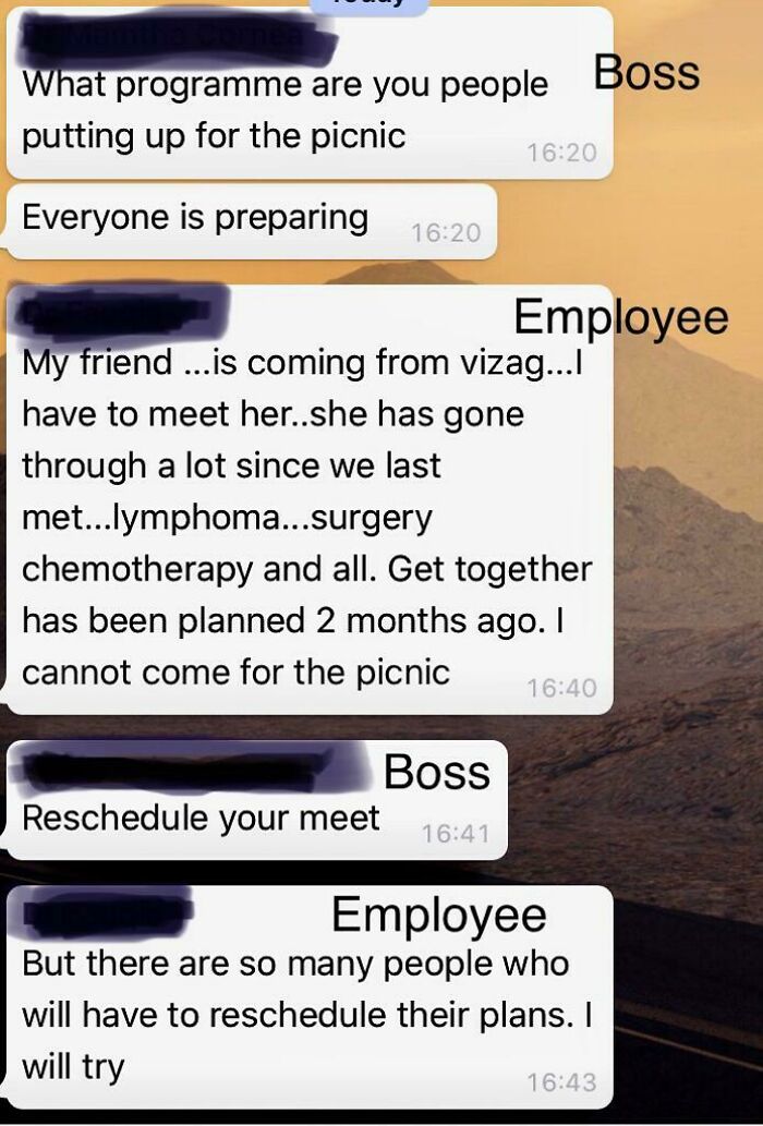 Boss demands employee reschedule picnic plans despite serious personal reasons