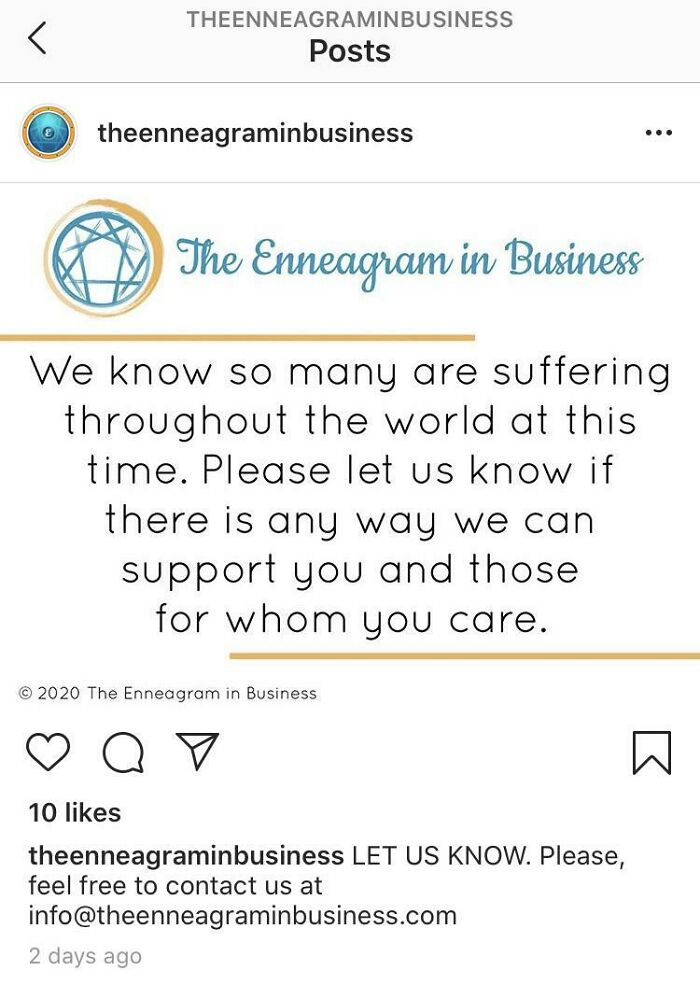 Instagram post from The Enneagram in Business offering support to those suffering globally