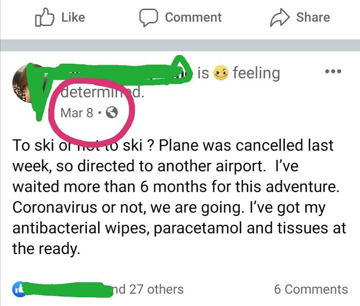 Social media post about skiing plans despite coronavirus, showing determination to go on the trip