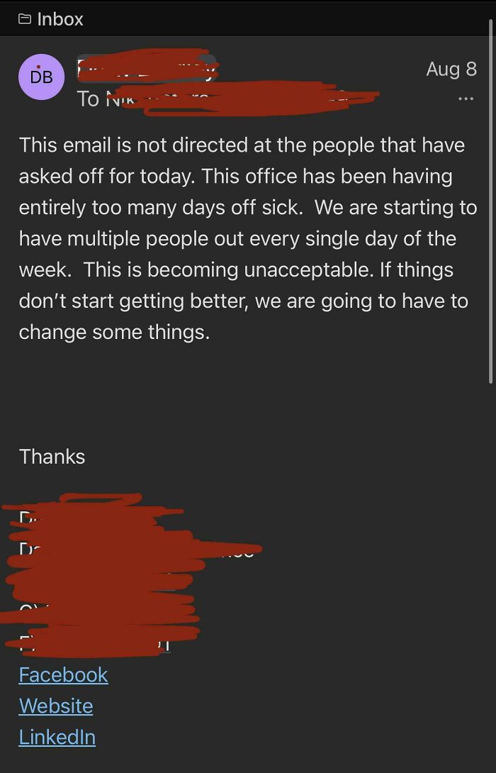 Email complaining about too many sick days and unacceptable number of absences in the office
