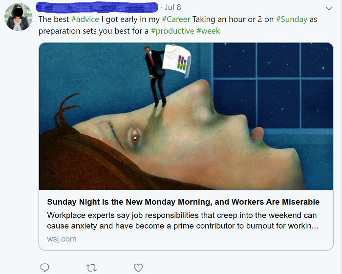 Illustration showing a large face with a small man standing on the nose, representing Sunday night dread at work