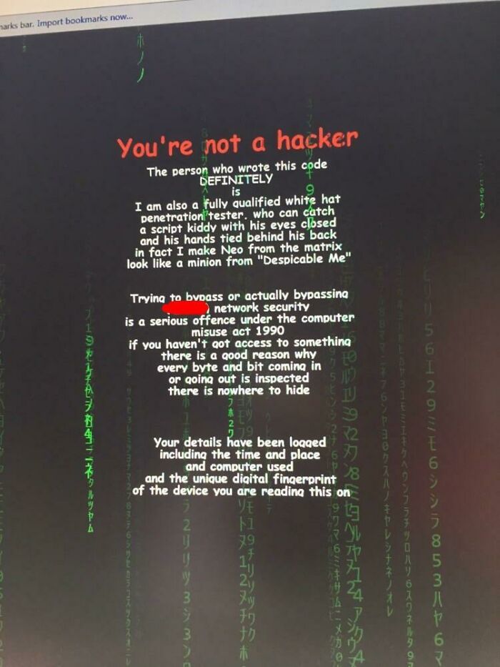 Screen showing hacker warning text about network security and digital fingerprint
